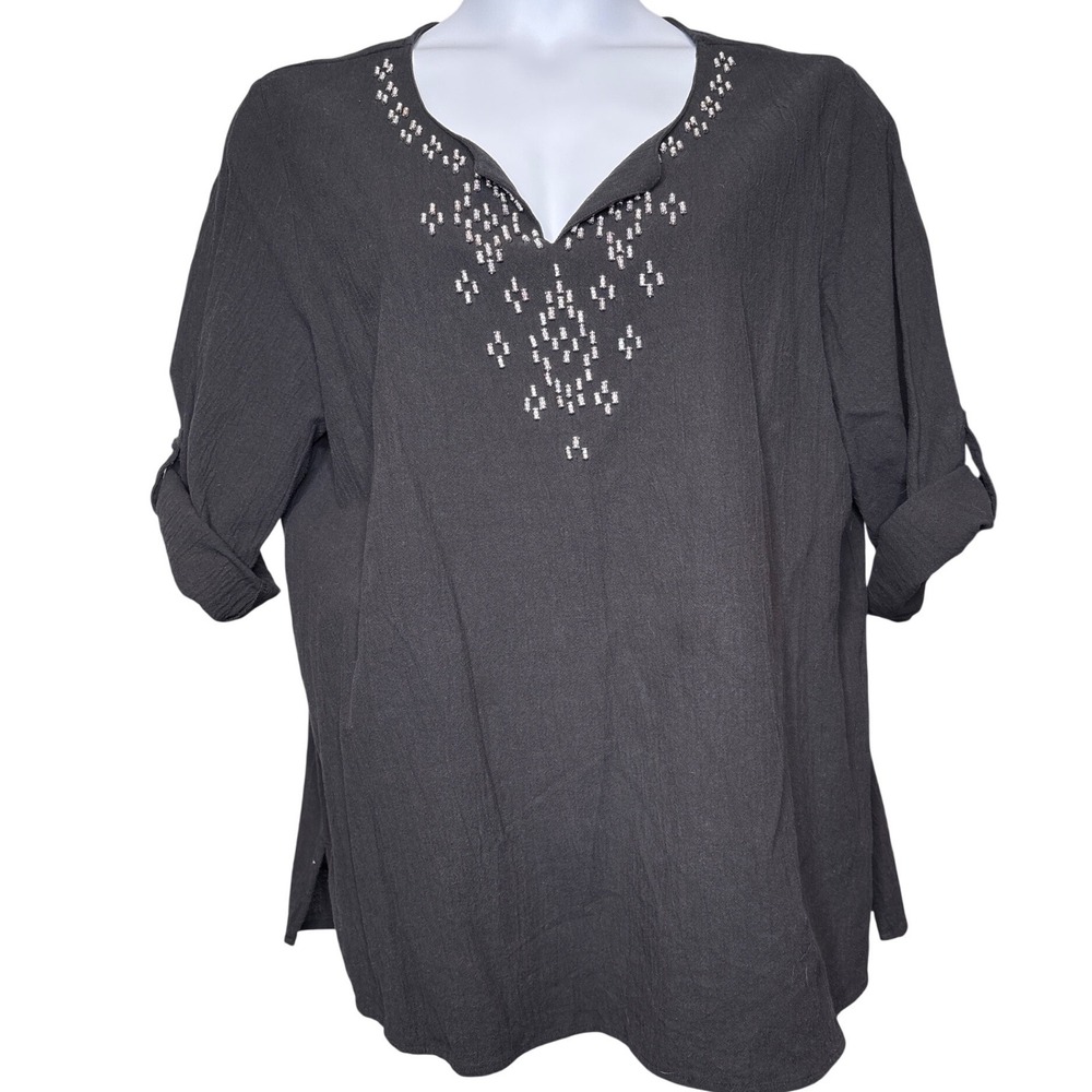 Susan‎ Graver Womens Embroidered Tunic  Top Size XL Cotton Coastal Boho Flowy
